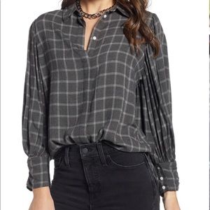 Puff Sleeve Flannel Shirt Something Navy